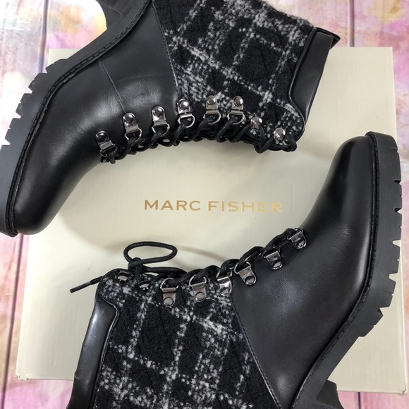 Marc Fisher Black Leather & Plaid Combat Booties - Picture 2 of 8